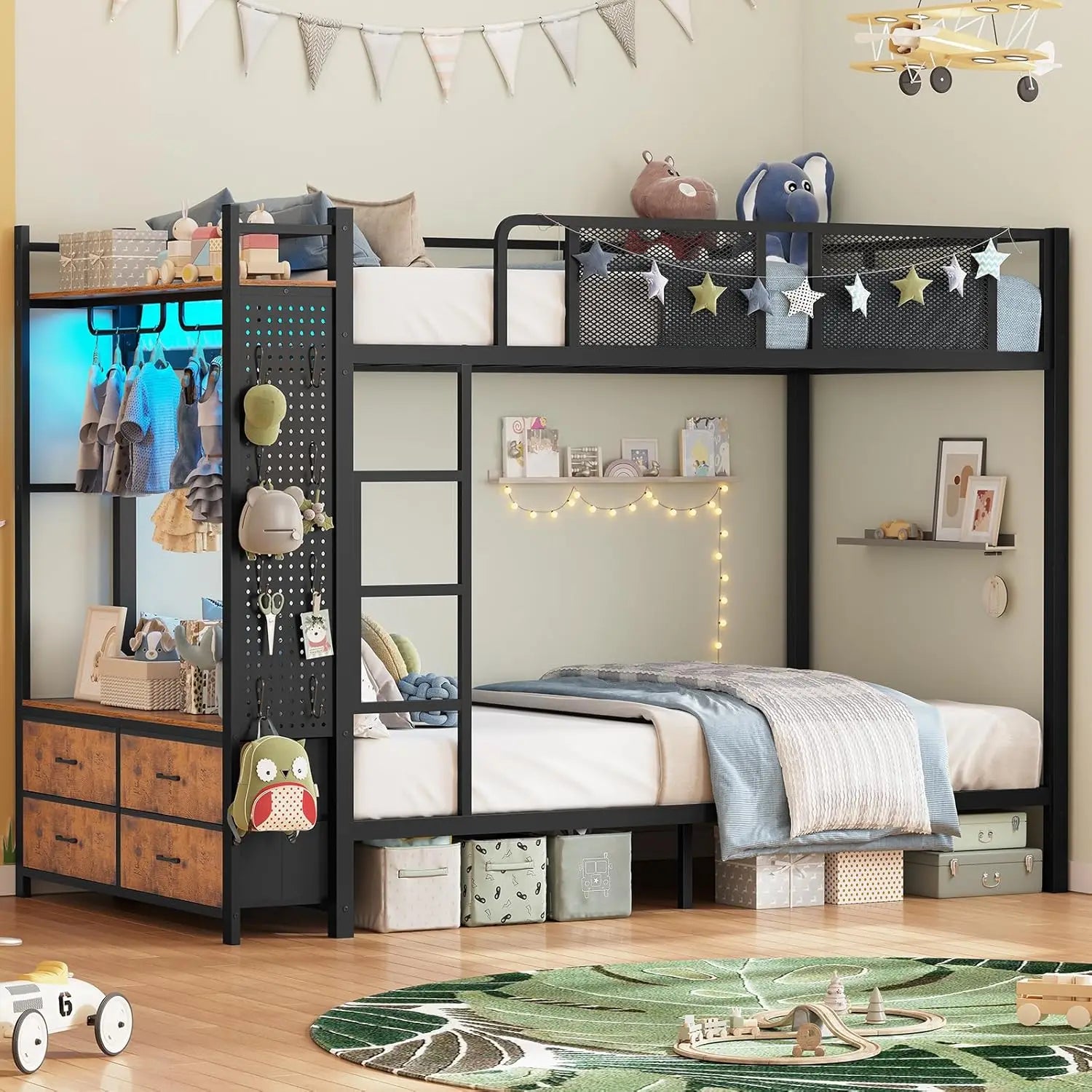 Twin‑over‑Twin Metal Bunk Bed — Hall Tree, Power Outlet & LED Lights, 4 Storage Drawers, Safety Rails - LuxeHome Furniture