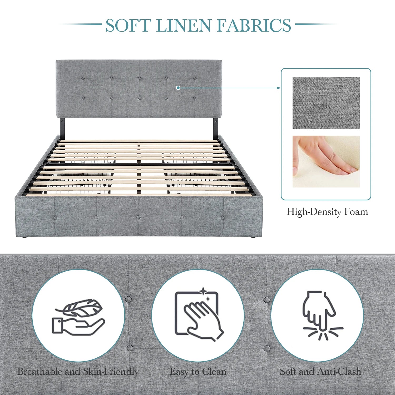 (King/Queen/Full) Platform Storage Bed Adjustable Headboard, 4 Under‑Bed Drawers, Square Stitch Button‑Tufted Upholstery - LuxeHome Furniture