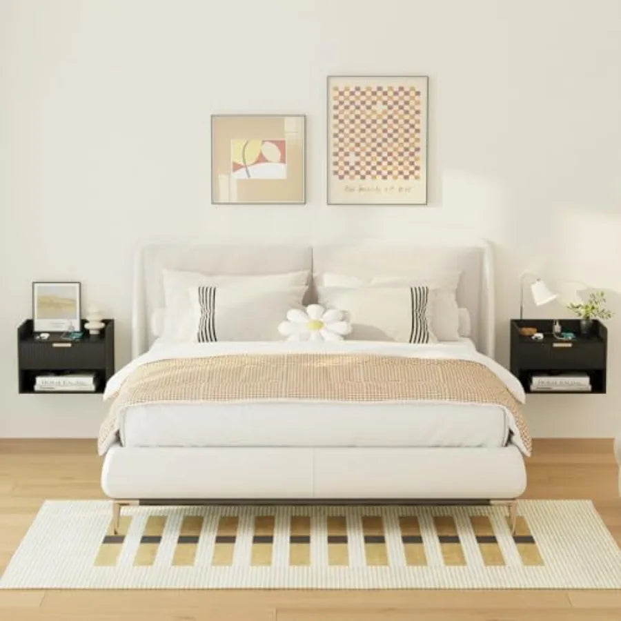 "Set of 2 Wall-Mounted Floating Nightstands with Charging Station and Drawer – Minimalist Wooden Bedside Tables in Black for Bedroom" - LuxeHome Furniture