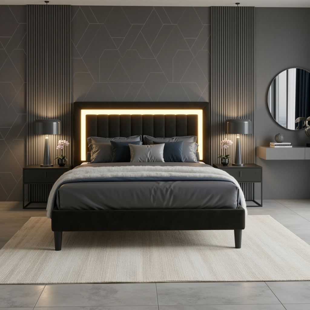 (Full/Queen/King) Velvet Platform Bed with RGB LED Headboard — Adjustable RGB Lighting, Sturdy Slat Support, Noise‑Free - LuxeHome Furniture