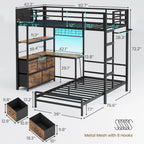 Twin XL‑over‑Twin Bunk Bed with L‑Shaped Desk — 5 Drawers, 2 Shelves & LED Lights - LuxeHome Furniture