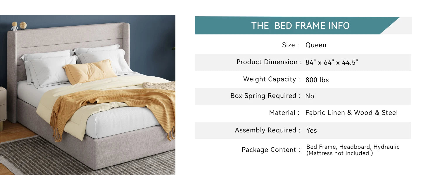 (Queen/Full/King) Hydraulic Lift Storage Bed — Wingback Headboard, Large Underbed Storage, Noise-Free - LuxeHome Furniture
