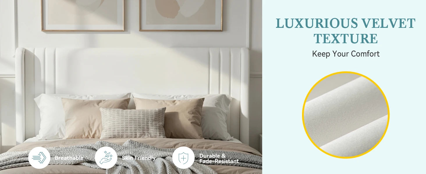 (Full/Queen/King) Velvet Platform Bed with Wingback Headboard Under‑Bed Storage, No Box Spring Needed - LuxeHome Furniture