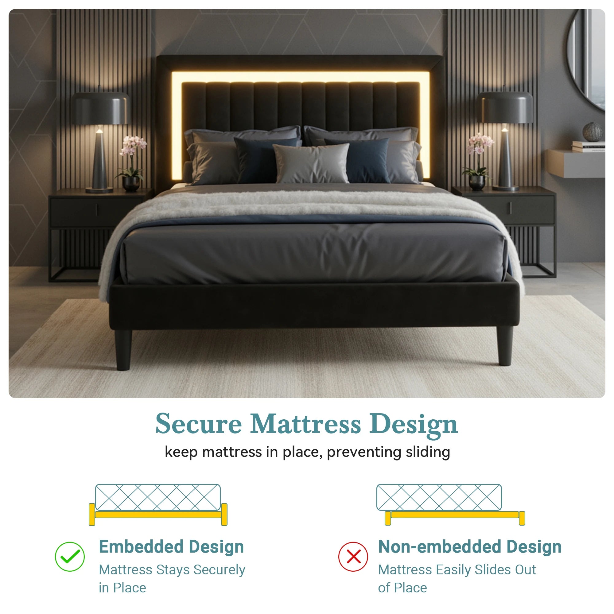 (Full/Queen/King) Velvet Platform Bed with RGB LED Headboard — Adjustable RGB Lighting, Sturdy Slat Support, Noise‑Free - LuxeHome Furniture