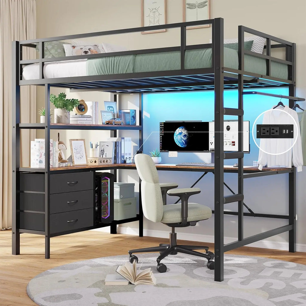 Twin Loft Bed with L‑Shaped Desk — LED Lights, Charging Station, 3 Shelves & 3 Fabric Drawers - LuxeHome Furniture