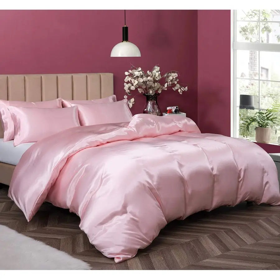 5-Piece Satin Duvet Cover Set – Full/Queen Size, Luxury Silky Soft Blush Pink Bedding with Zipper Closure - LuxeHome Furniture