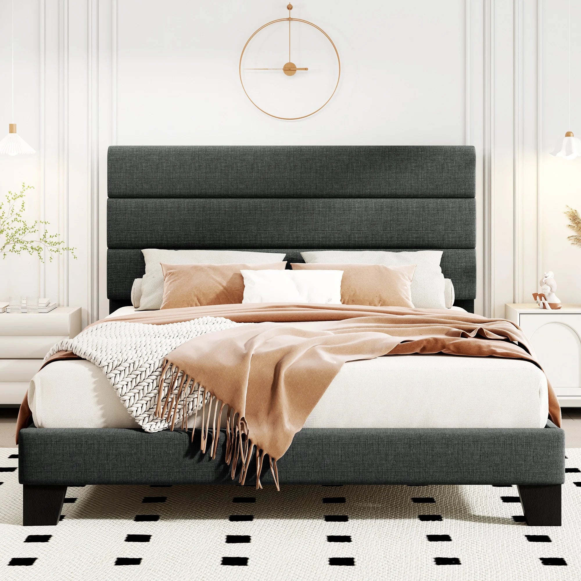 (Full/Queen/King) Fabric Platform Bed with Headboard — Reinforced Wooden Slat Support, Mattress‑Ready Panel Bed Foundation - LuxeHome Furniture