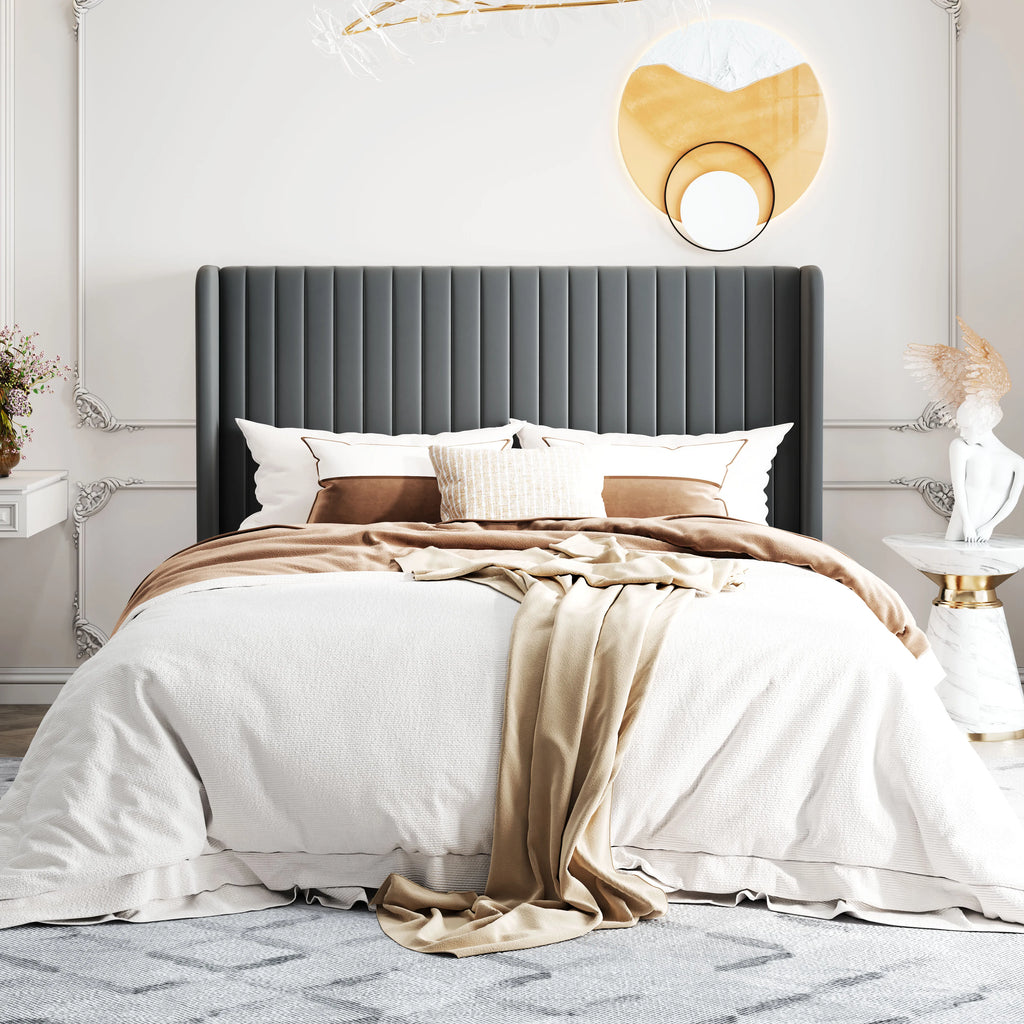 (Full/Queen/King) Velvet Upholstered Bed Frame — Vertical‑Channel Tufted Wingback Headboard, Wooden Slat Support - LuxeHome Furniture