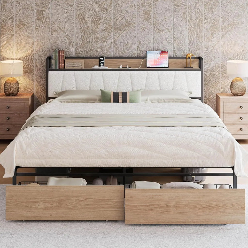 (King/Cal King) Platform Bed Frame — Built‑In Charging Headboard & Storage, Quick Assembly, No Box Spring - LuxeHome Furniture