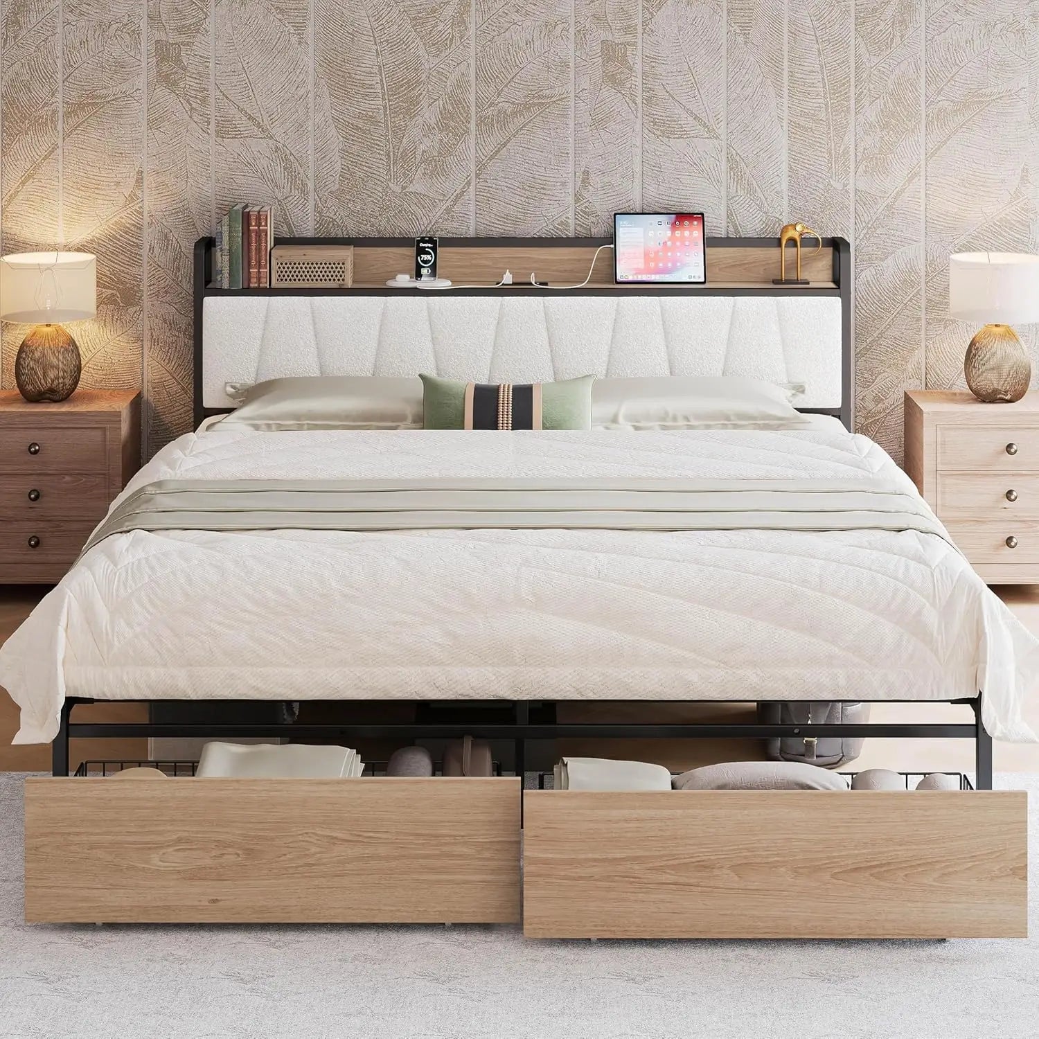 (King/Cal King) Platform Bed Frame — Built‑In Charging Headboard & Storage, Quick Assembly, No Box Spring - LuxeHome Furniture