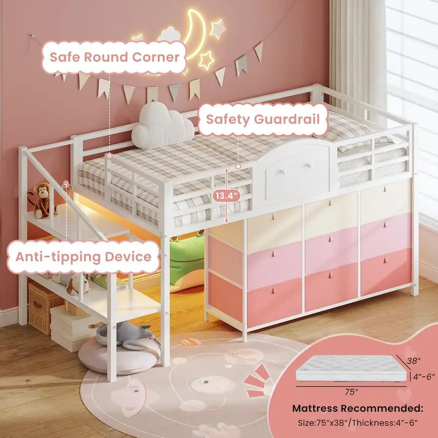 Low Loft Metal Twin Bed — 9 Drawer Stairway Storage & Built‑In LEDs - LuxeHome Furniture