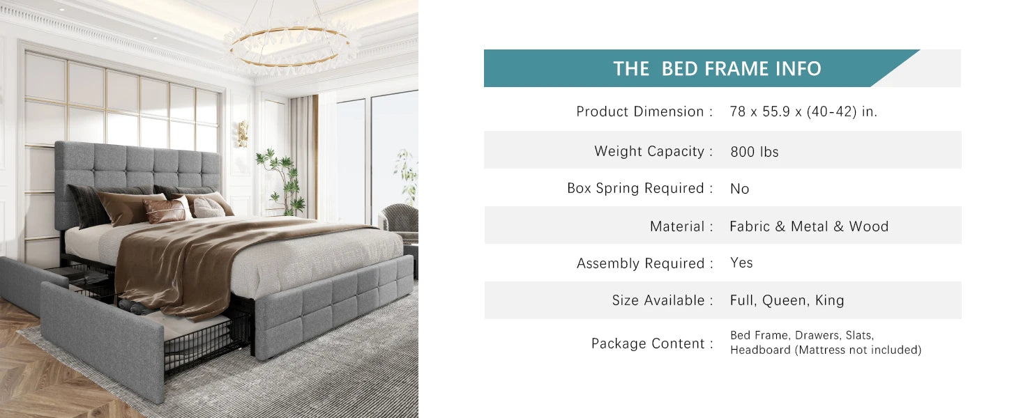 (King/Queen/Full) Platform Storage Bed Adjustable Headboard, 4 Under‑Bed Drawers, Square Stitch Button‑Tufted Upholstery - LuxeHome Furniture