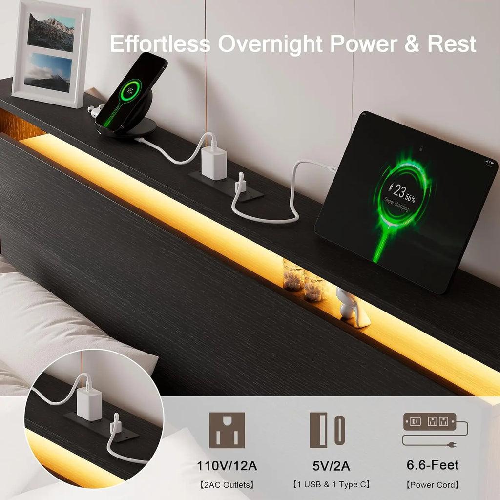 (All Sizes) Wood Floating Bed Frame with LED Lights & Charging Station with Storage Headboard, Adhesive Slats - LuxeHome Furniture