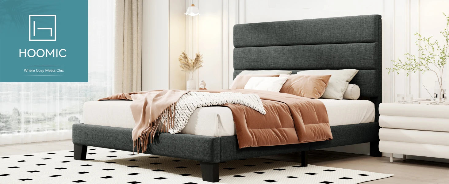 (Full/Queen/King) Fabric Platform Bed with Headboard — Reinforced Wooden Slat Support, Mattress‑Ready Panel Bed Foundation - LuxeHome Furniture