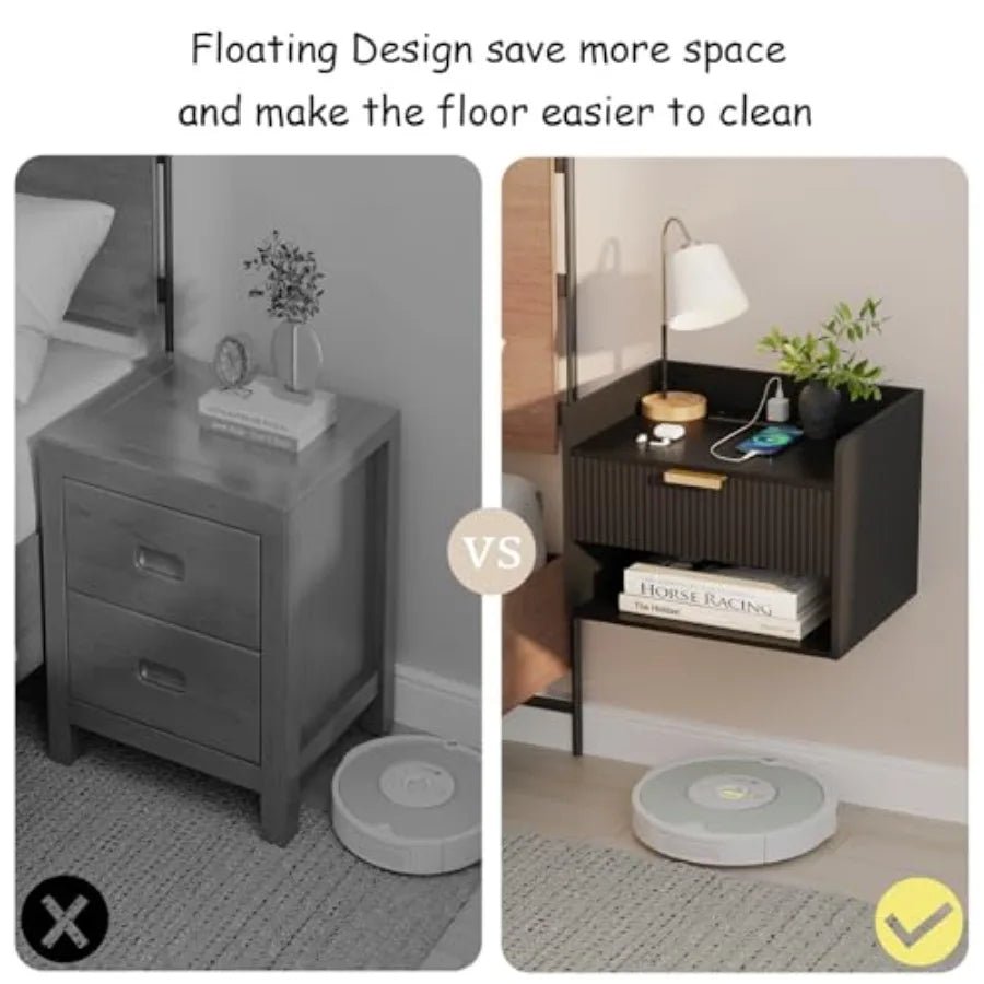 "Set of 2 Wall-Mounted Floating Nightstands with Charging Station and Drawer – Minimalist Wooden Bedside Tables in Black for Bedroom" - LuxeHome Furniture