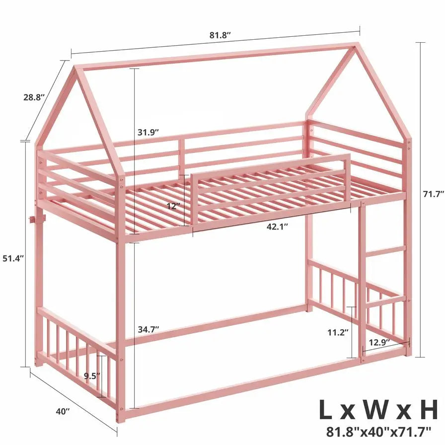 Twin XL‑over‑Twin XL Bunk Bed — Metal Frame with Ladder & Guardrail, House‑Style Design, Metal Slats - LuxeHome Furniture