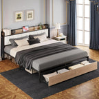(King/Cal King) Platform Bed Frame — Built‑In Charging Headboard & Storage, Quick Assembly, No Box Spring - LuxeHome Furniture