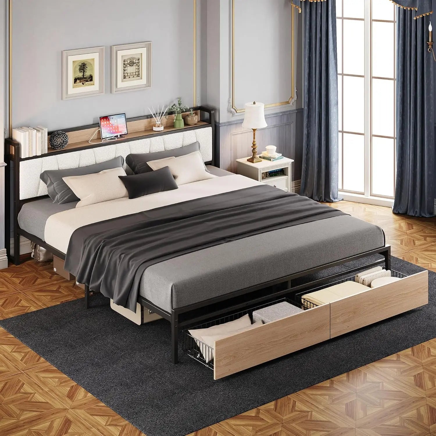 (King/Cal King) Platform Bed Frame — Built‑In Charging Headboard & Storage, Quick Assembly, No Box Spring - LuxeHome Furniture