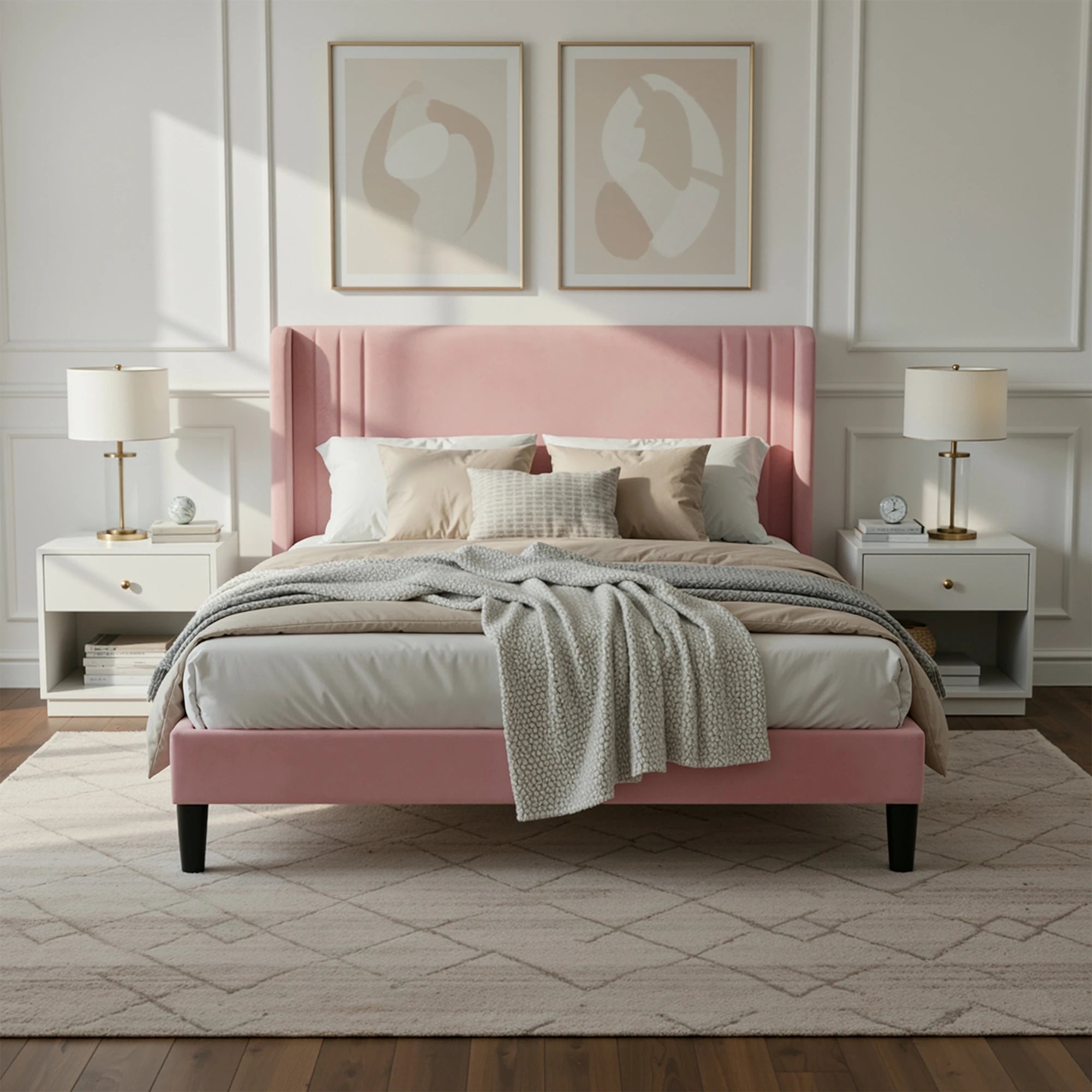 (Full/Queen/King) Velvet Platform Bed with Wingback Headboard Under‑Bed Storage, No Box Spring Needed - LuxeHome Furniture