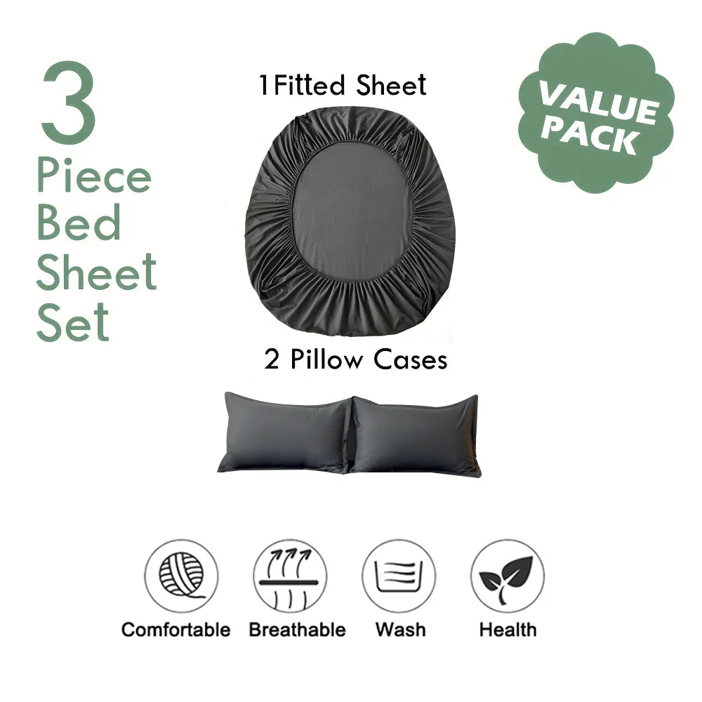 "3‑Piece Cotton Fitted Sheet Set — 1 Deep‑Pocket Fitted Sheet + 2 Pillowcases, Breathable & Soft Bedding" - LuxeHome Furniture