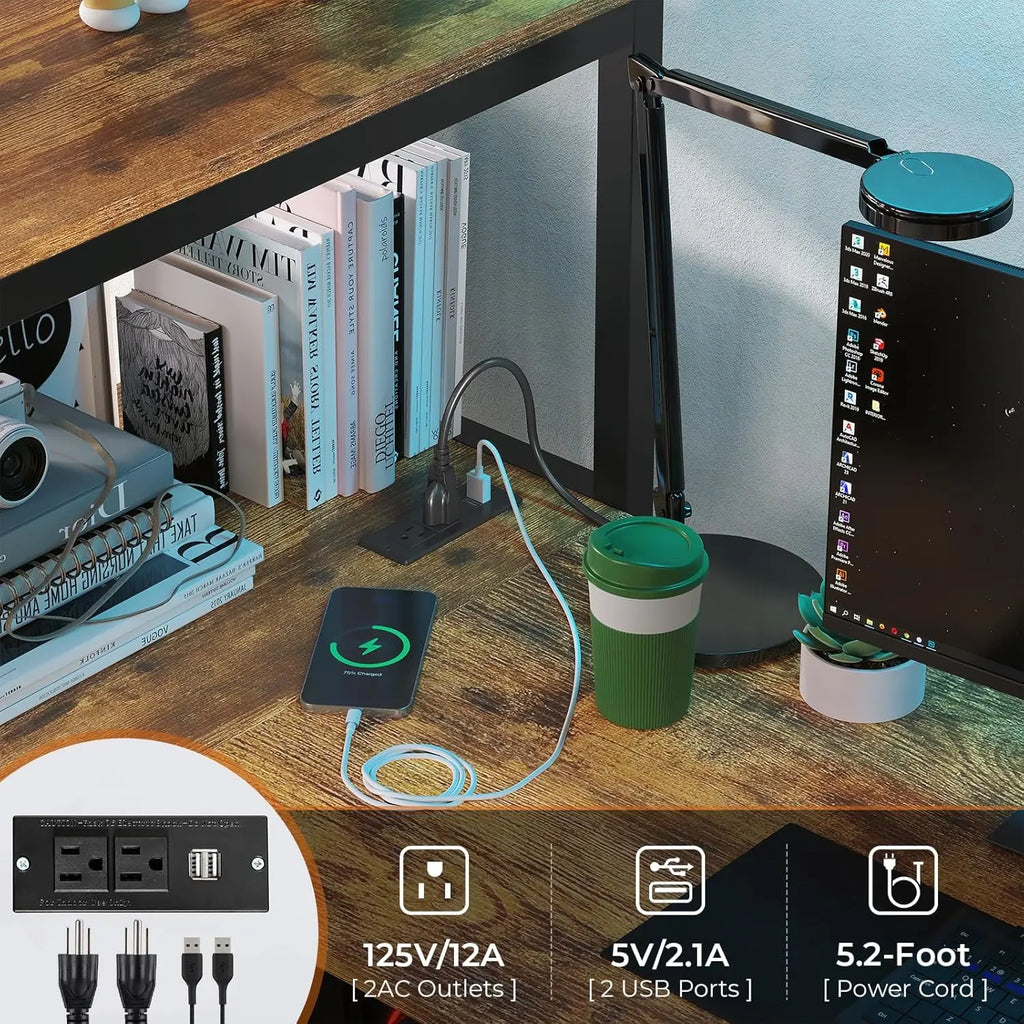 Twin Loft Bed with L‑Shaped Desk — LED Lights, Charging Station, 3 Shelves & 3 Fabric Drawers - LuxeHome Furniture