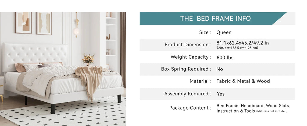 (Queen/Full) Faux Leather Platform Bed with Adjustable Diamond‑Tufted Headboard — Stylish Upholstered Frame - LuxeHome Furniture