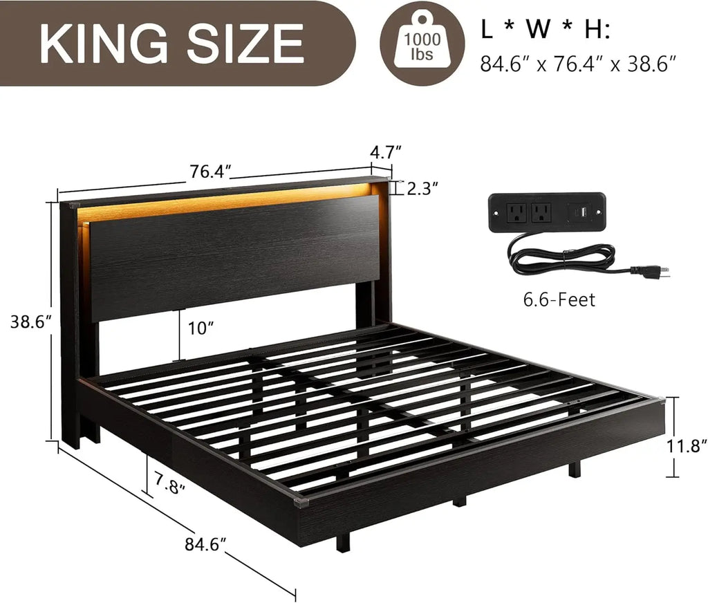 (All Sizes) Wood Floating Bed Frame with LED Lights & Charging Station with Storage Headboard, Adhesive Slats - LuxeHome Furniture