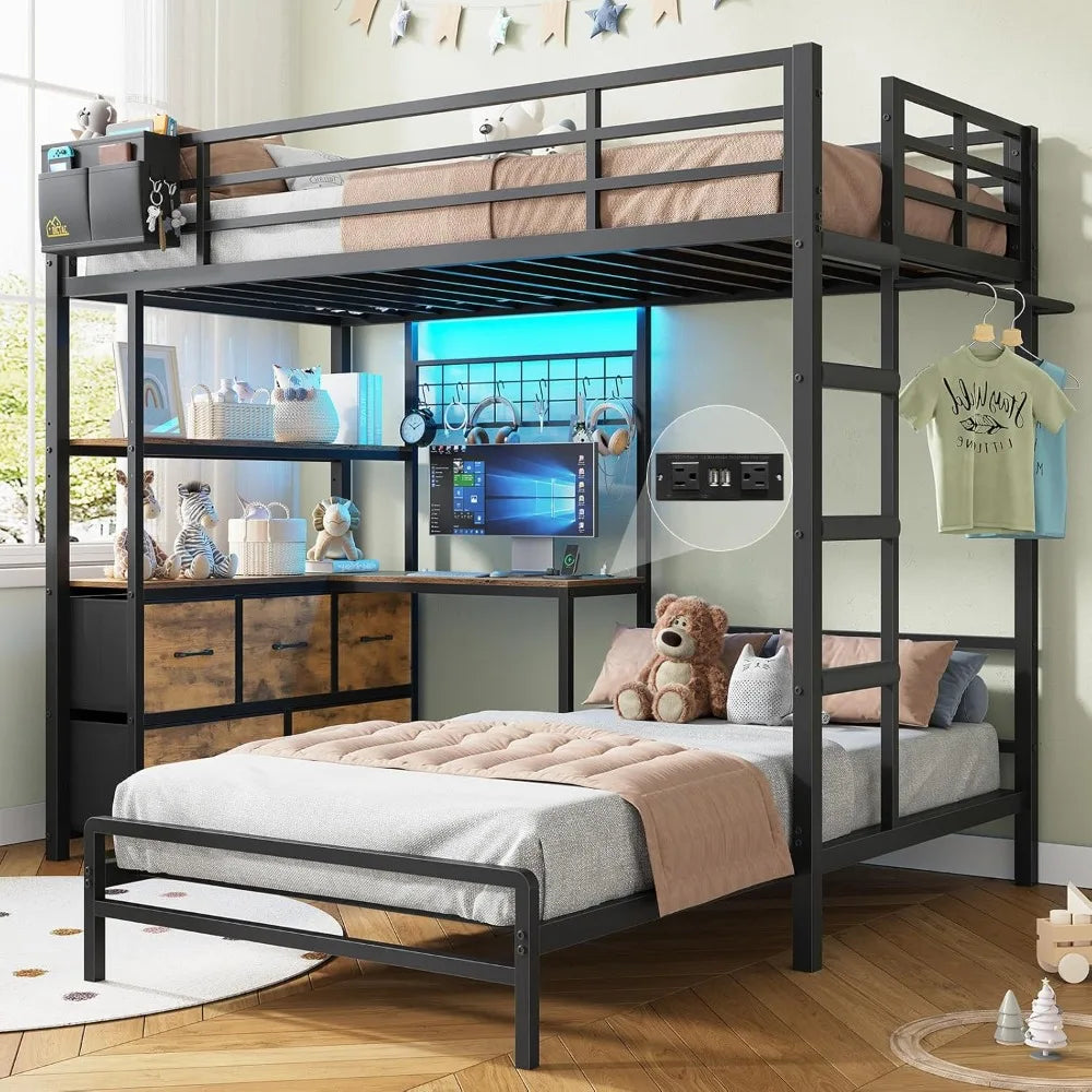 Twin XL‑over‑Twin Bunk Bed with L‑Shaped Desk — 5 Drawers, 2 Shelves & LED Lights - LuxeHome Furniture