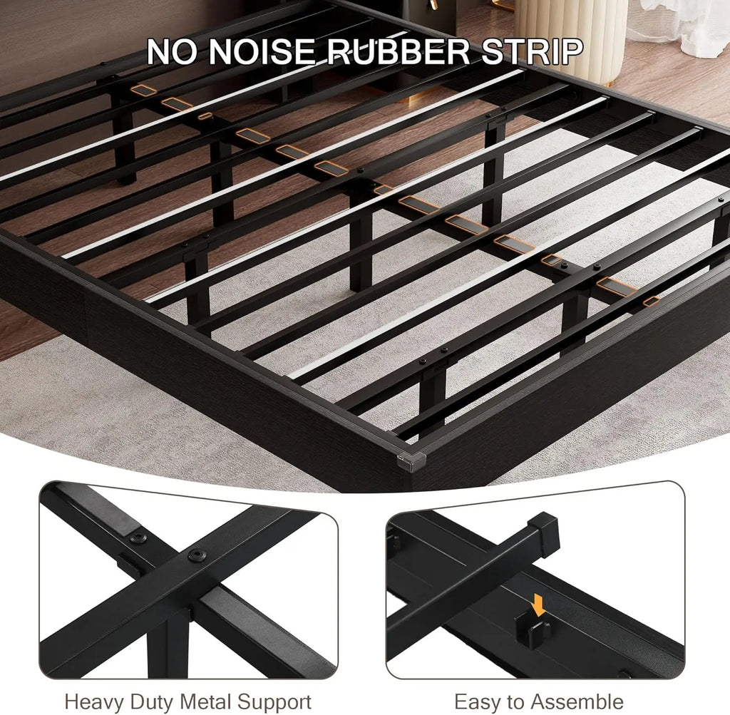 (All Sizes) Wood Floating Bed Frame with LED Lights & Charging Station with Storage Headboard, Adhesive Slats - LuxeHome Furniture