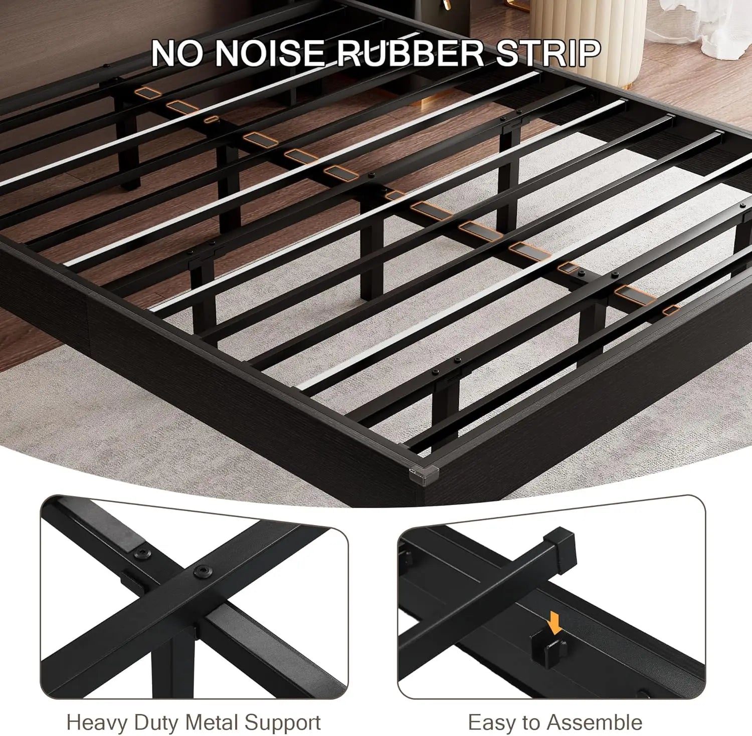 (All Sizes) Wood Floating Bed Frame with LED Lights & Charging Station with Storage Headboard, Adhesive Slats - LuxeHome Furniture