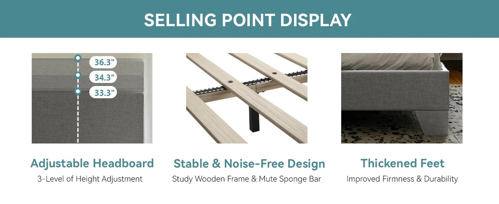 (King/Queen/Full) Upholstered Bed Frame with Adjustable Headboard — Soft Linen Fabric, Reinforced Support, and Noise-Free Design - LuxeHome Furniture