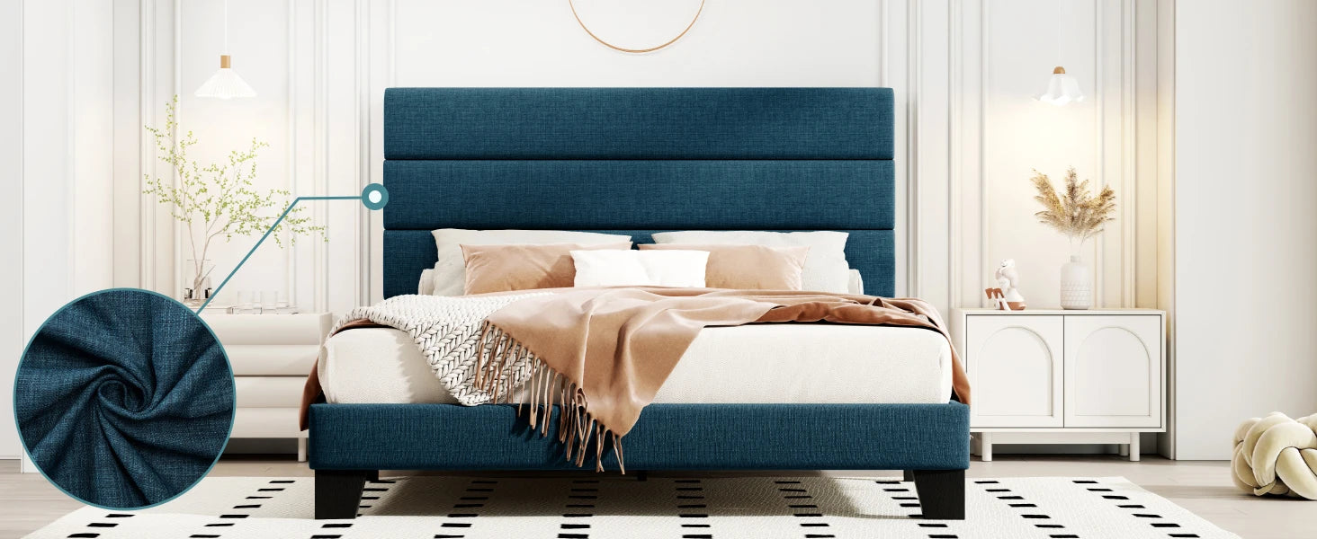 (Full/Queen/King) Fabric Platform Bed with Headboard — Reinforced Wooden Slat Support, Mattress‑Ready Panel Bed Foundation - LuxeHome Furniture
