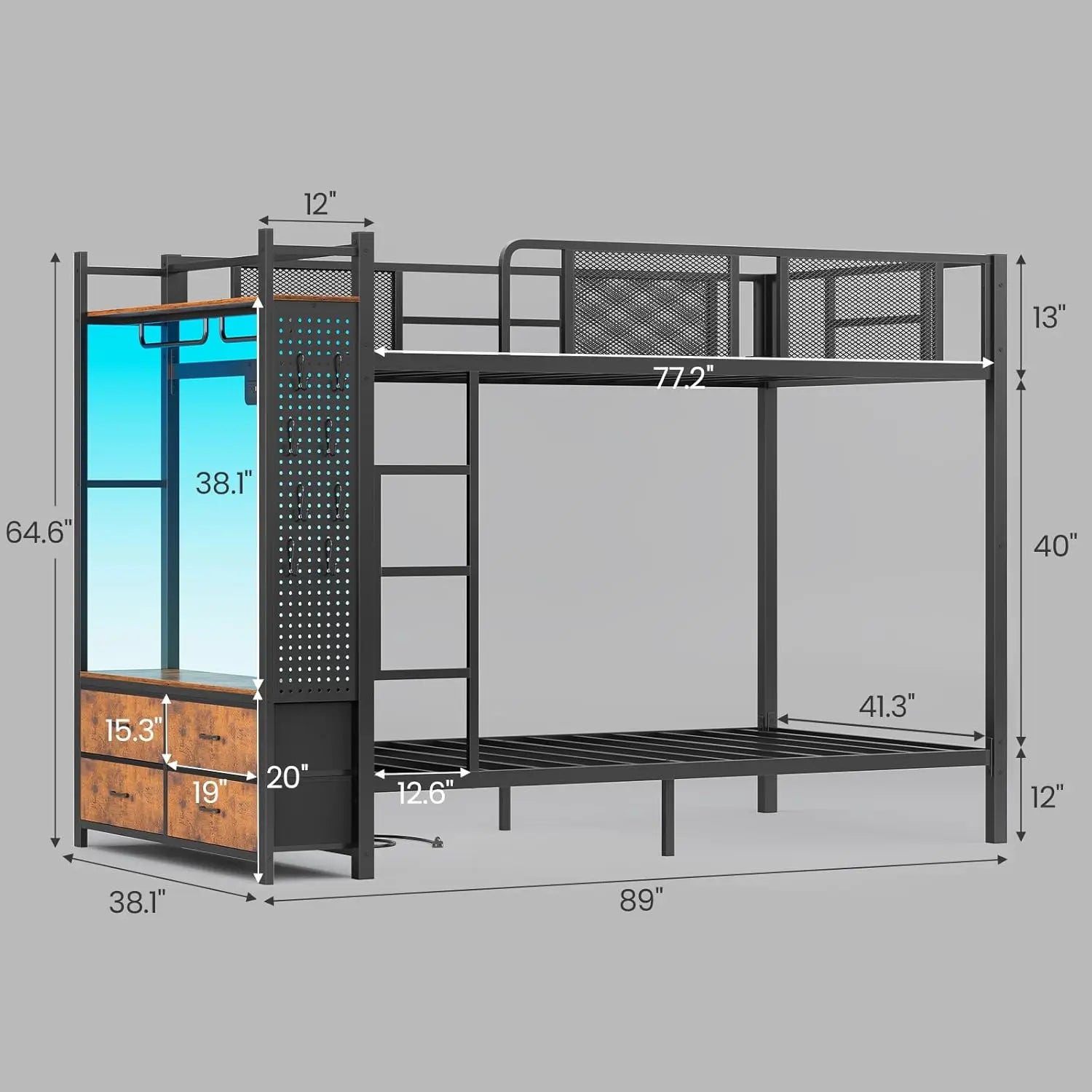 Twin‑over‑Twin Metal Bunk Bed — Hall Tree, Power Outlet & LED Lights, 4 Storage Drawers, Safety Rails - LuxeHome Furniture