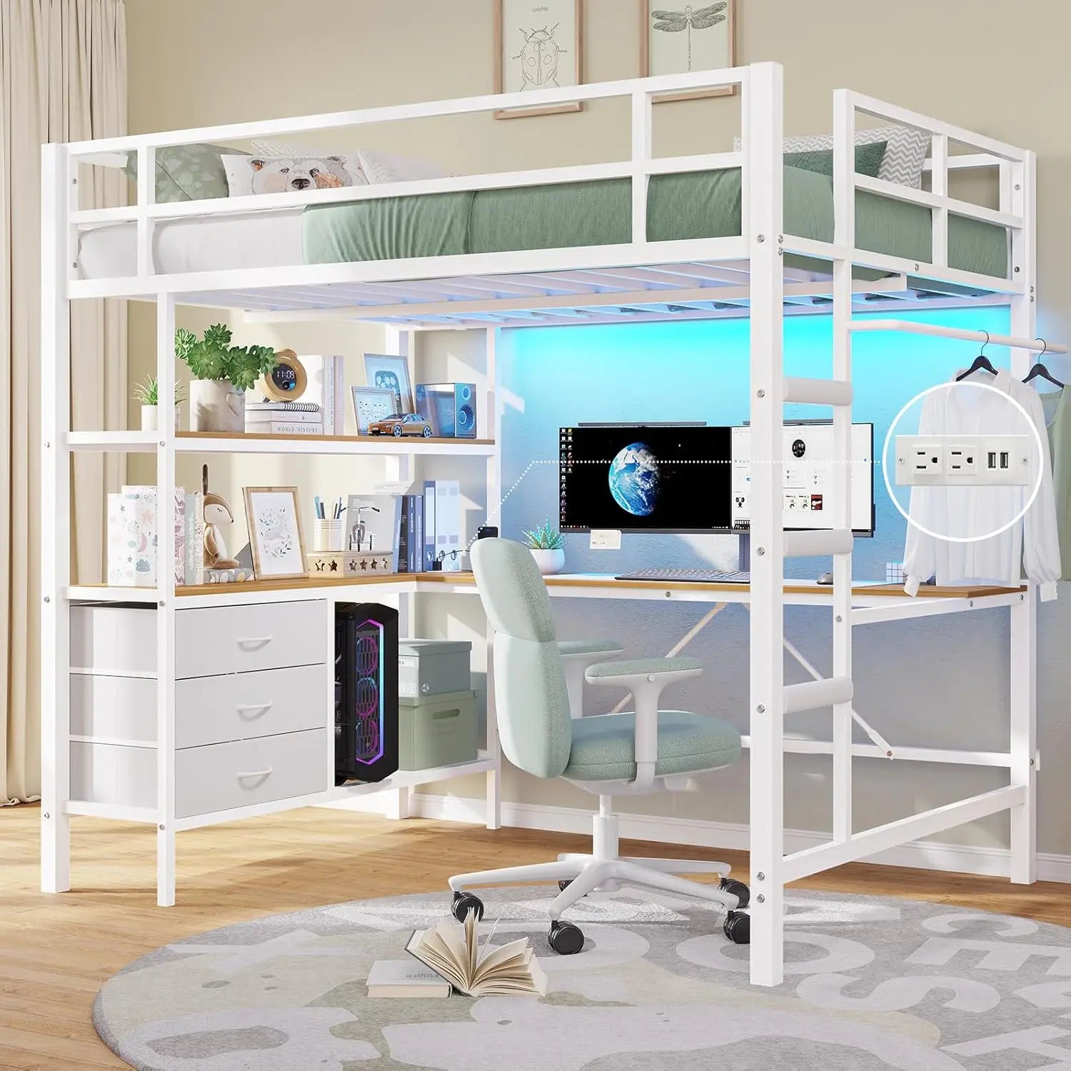 Twin Loft Bed with L‑Shaped Desk — LED Lights, Charging Station, 3 Shelves & 3 Fabric Drawers - LuxeHome Furniture