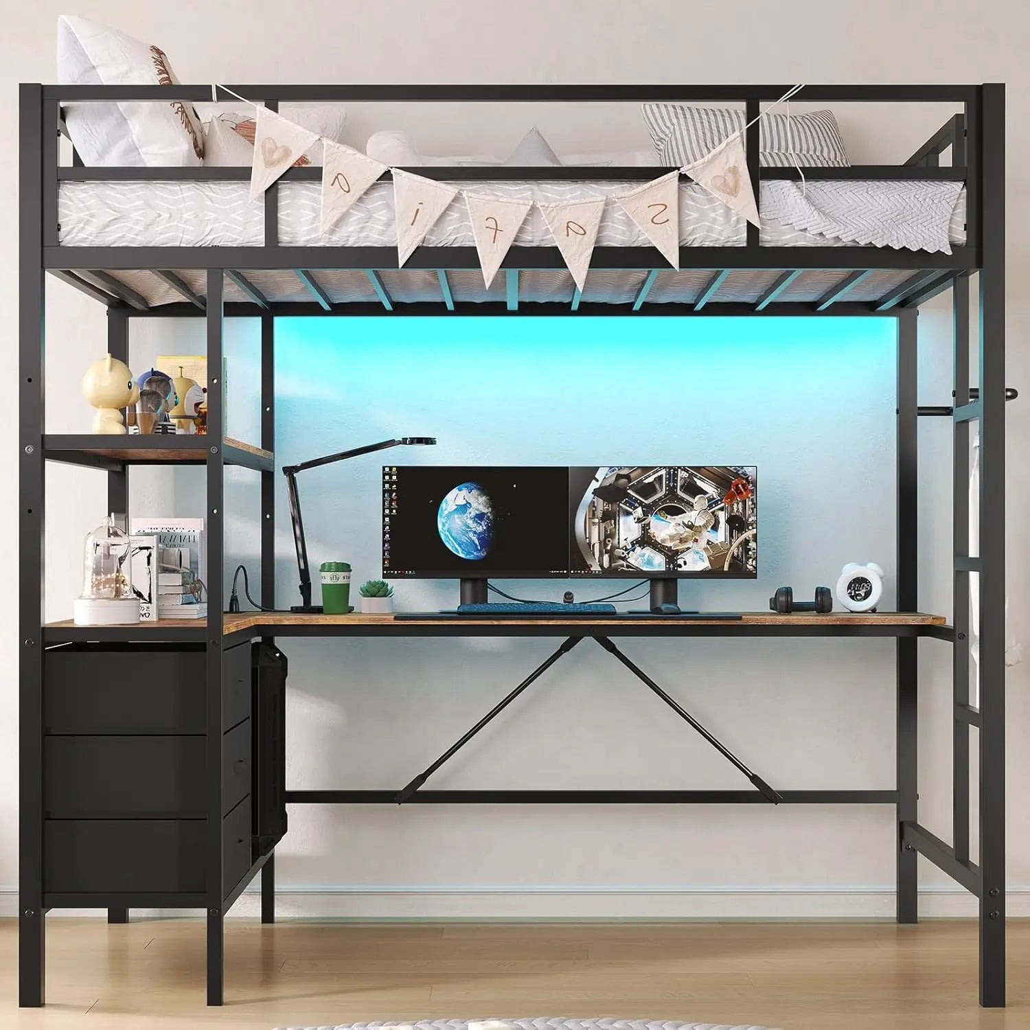 Twin Loft Bed with L‑Shaped Desk — LED Lights, Charging Station, 3 Shelves & 3 Fabric Drawers - LuxeHome Furniture