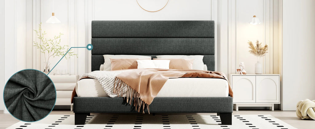 (Full/Queen/King) Fabric Platform Bed with Headboard — Reinforced Wooden Slat Support, Mattress‑Ready Panel Bed Foundation - LuxeHome Furniture