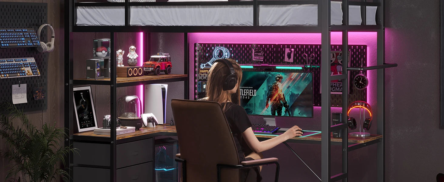 Twin Loft Bed with L‑Shaped Desk — LED Lights, Charging Station, 3 Shelves & 3 Fabric Drawers - LuxeHome Furniture