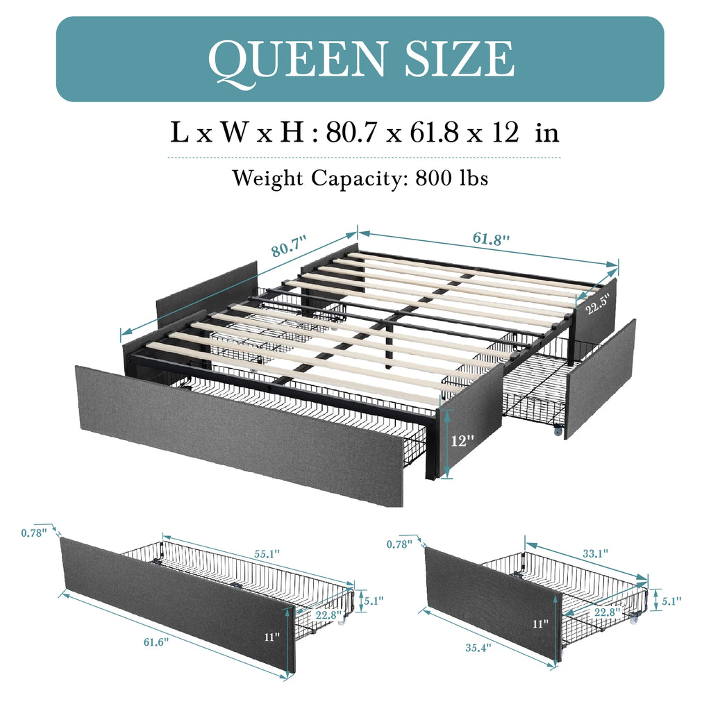 (Queen/Full)  Platform Bed Frame — 3 Under‑Bed Drawers, Headboard Compatible, Wooden Slats, No Box Spring - LuxeHome Furniture