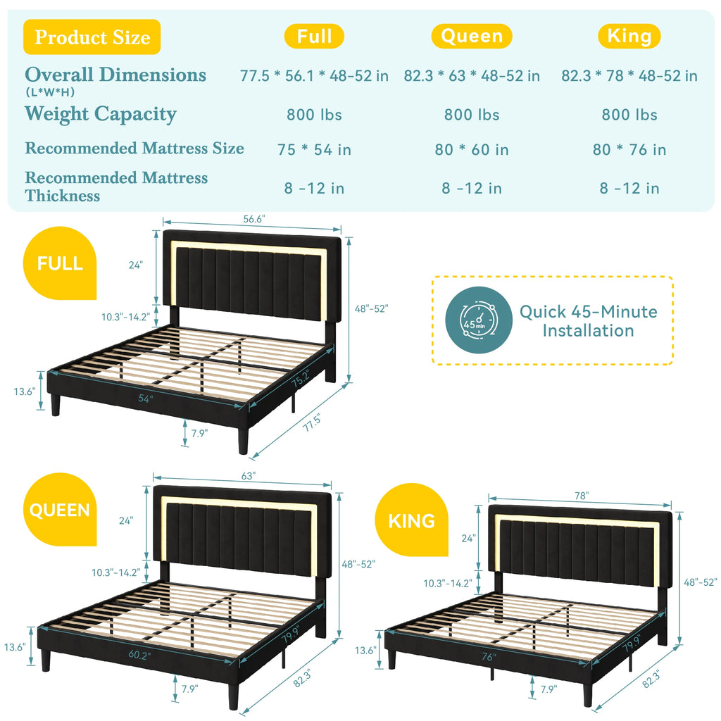 (Full/Queen/King) Velvet Platform Bed with RGB LED Headboard — Adjustable RGB Lighting, Sturdy Slat Support, Noise‑Free - LuxeHome Furniture