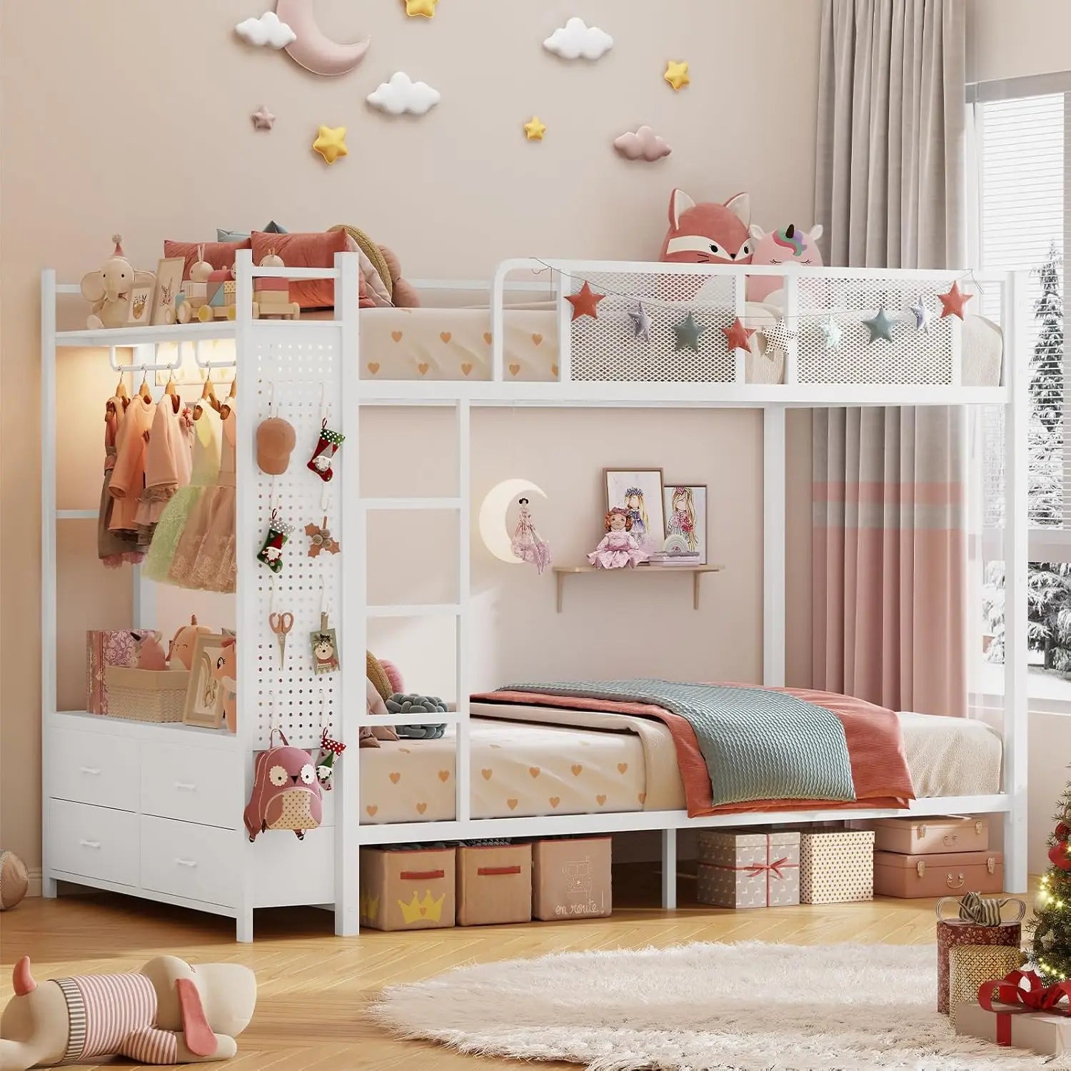 Twin‑over‑Twin Metal Bunk Bed — Hall Tree, Power Outlet & LED Lights, 4 Storage Drawers, Safety Rails - LuxeHome Furniture