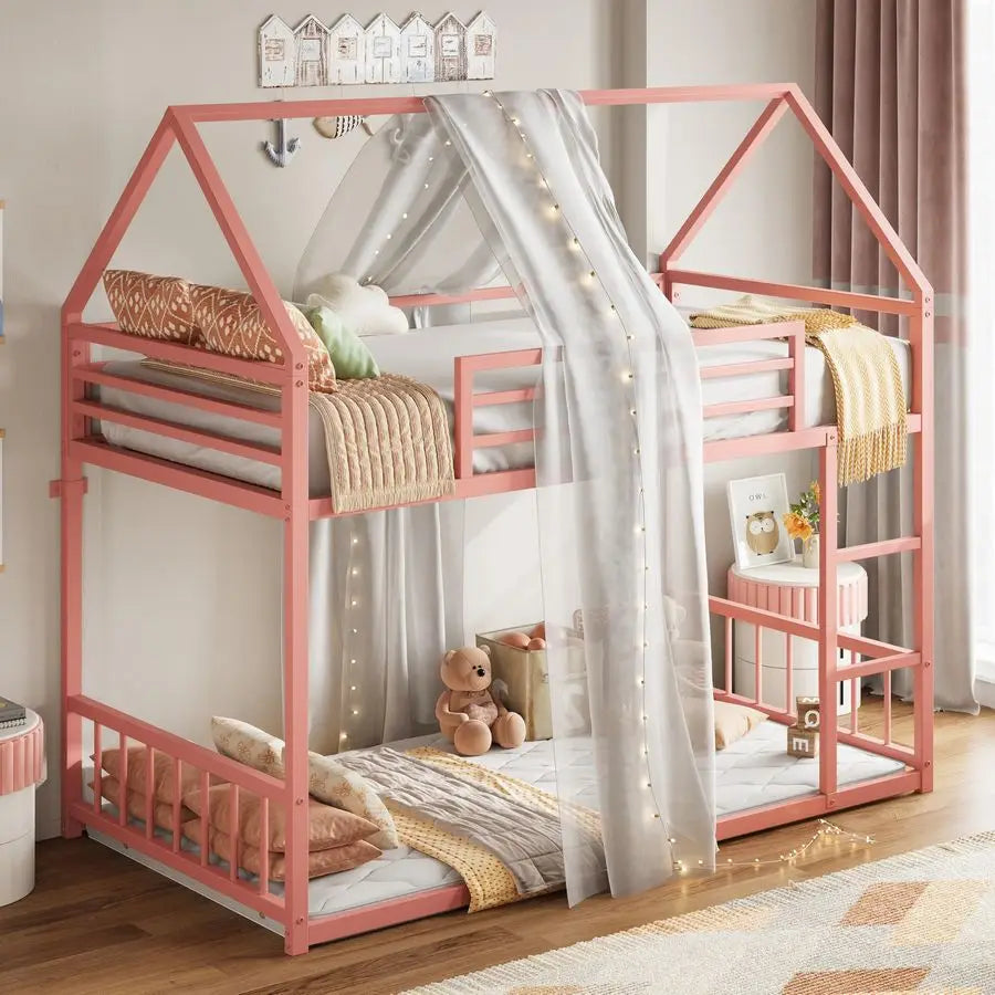 Twin XL‑over‑Twin XL Bunk Bed — Metal Frame with Ladder & Guardrail, House‑Style Design, Metal Slats - LuxeHome Furniture
