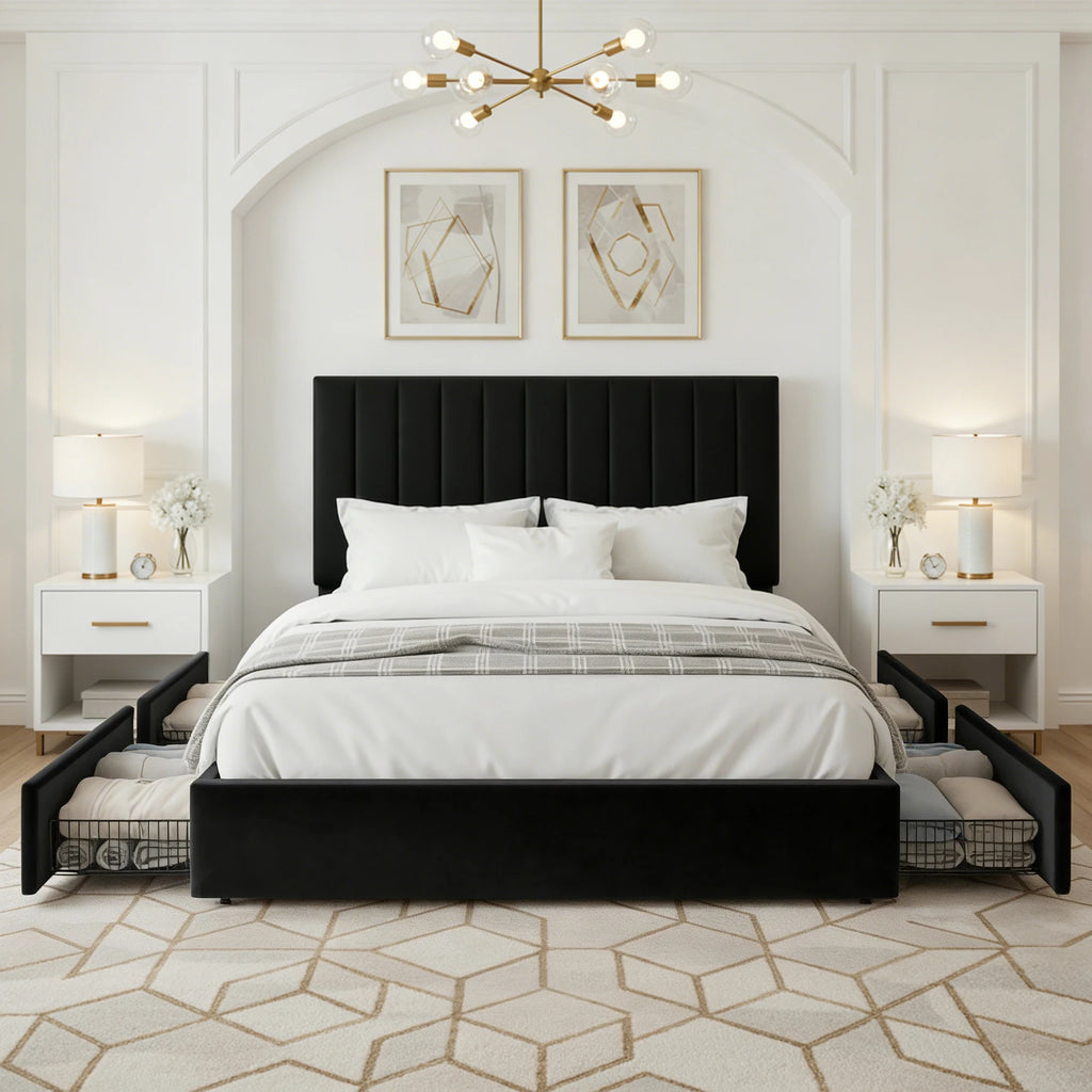 (Full/Queen/King) Velvet Upholstered Storage Bed — Vertical Channel Adjustable Headboard, 4 Under‑Bed Drawers, Mattress‑Ready Slat - LuxeHome Furniture