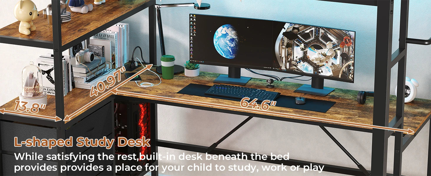 Twin Loft Bed with L‑Shaped Desk — LED Lights, Charging Station, 3 Shelves & 3 Fabric Drawers - LuxeHome Furniture